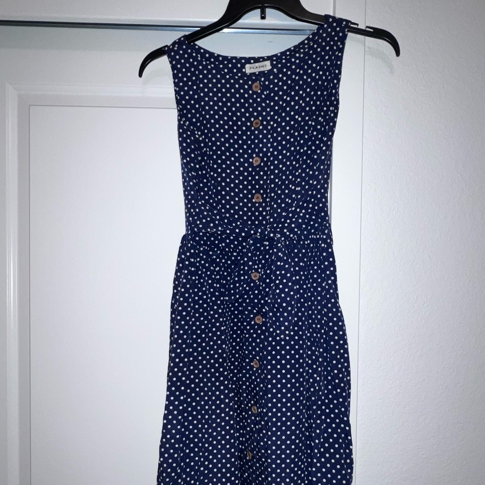 1990s VINTAGE Navy Polka Dot Sleeveless Dress
